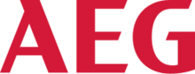 AEG Logo in Rot Rotes AEG Logo auf weißem Hintergrund als Markenkennzeichnung für Haushaltsgeräte